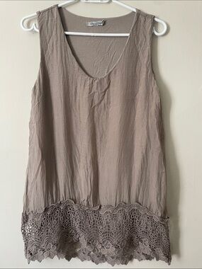 Elena Baldi Italy Taupe Layered Lace Hem Sleeveless Tunic Top L